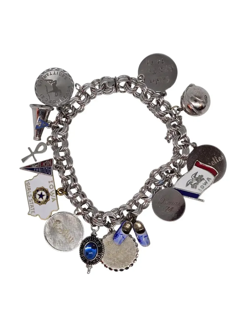 VTG Sterling Silver CHUNKY Heavy Estate Charm Bracelet , Iowa, St Thomas Aquinas